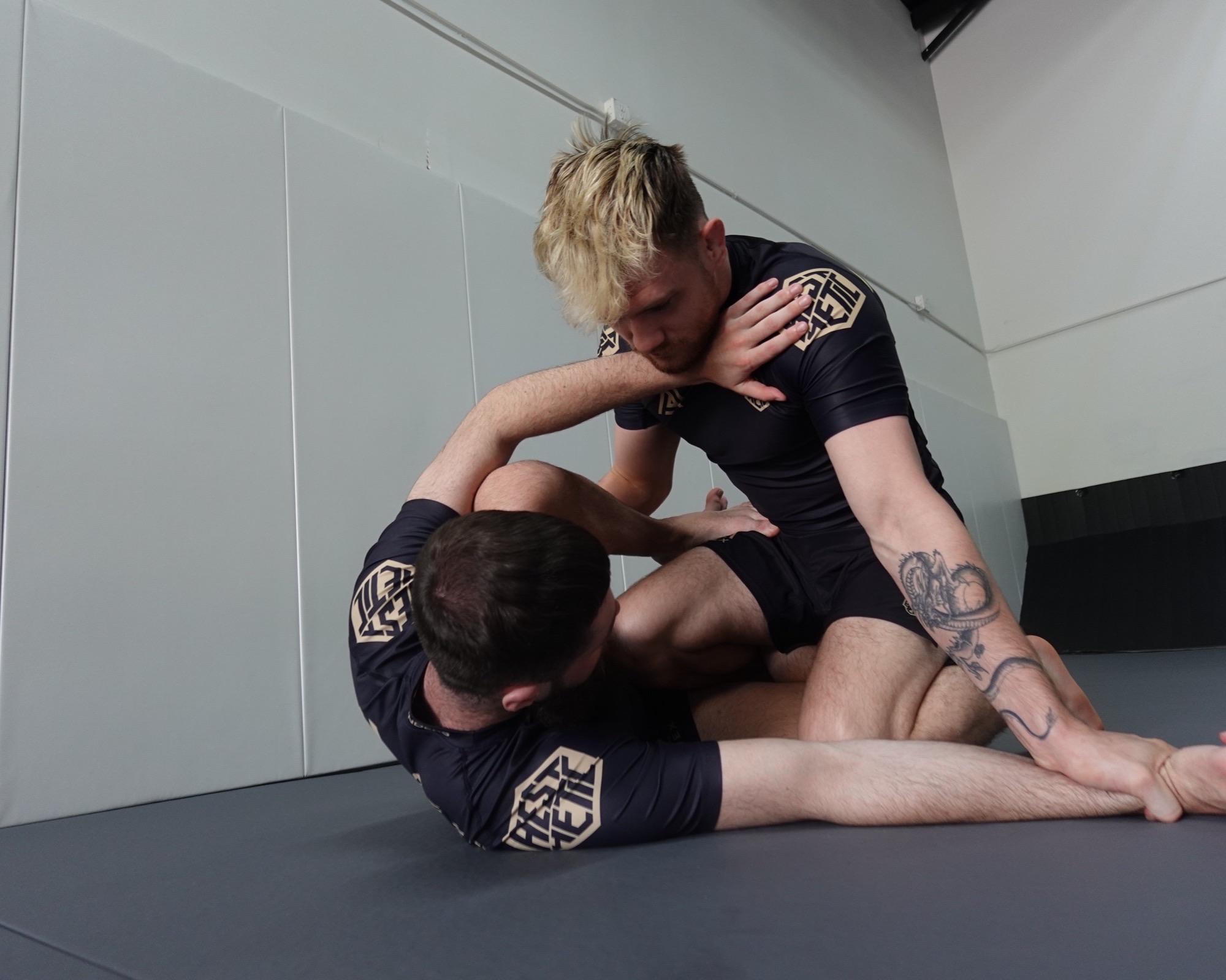 Owen drilling a guard-passing position with a training partner at Apex Jiu-Jitsu Atlanta.
